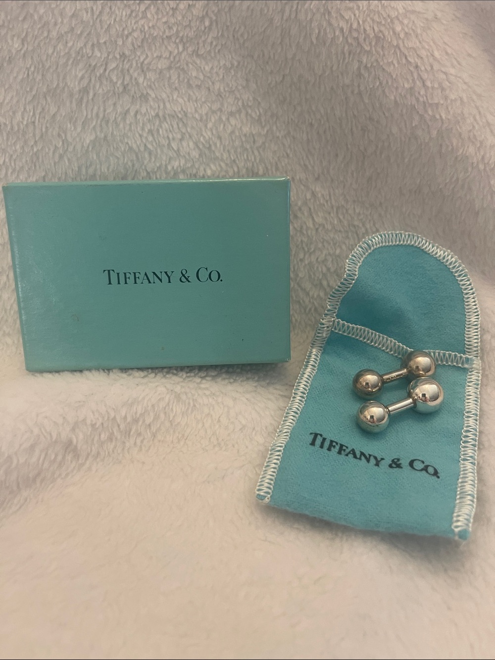 Tiffany & Co. Silver Double Ball Cufflinks with Signature Blue Pouch and box
